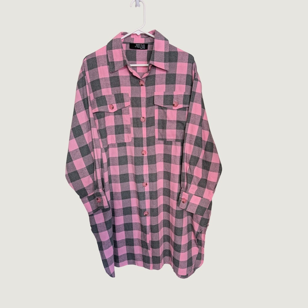 Dressed In Lala Pink Grey Buffalo Plaid Oversized Shirt Dress S/M